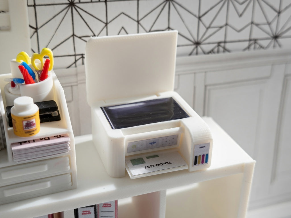 1:12 Scale Miniature Desktop Printer and Scanner with Openable Lid, Tiny Interactive All-in-One Inkjet Office School Paper Feed
