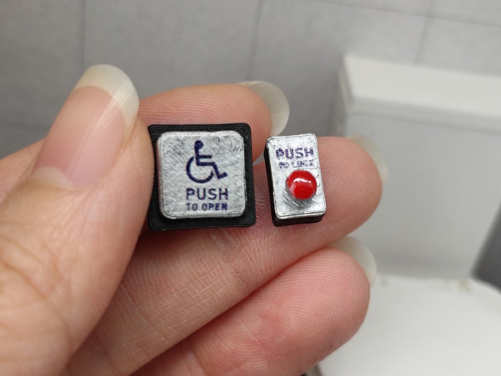 1:12 Scale Public Restroom Automatic Door Opener and Push to Lock Buttons, Tiny Accessible Washroom Commercial Bathroom