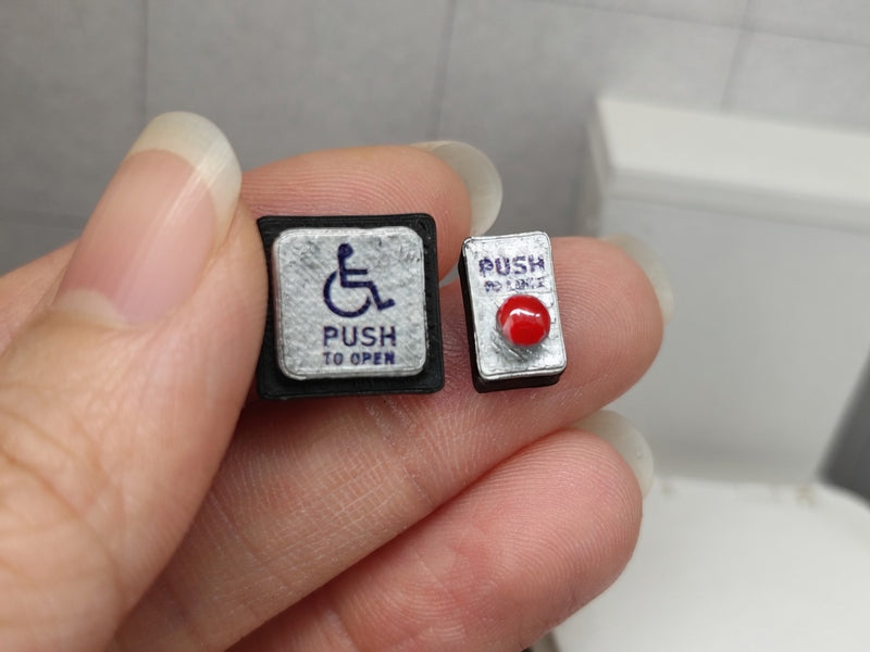 1:12 Scale Public Restroom Automatic Door Opener and Push to Lock Buttons, Tiny Accessible Washroom Commercial Bathroom