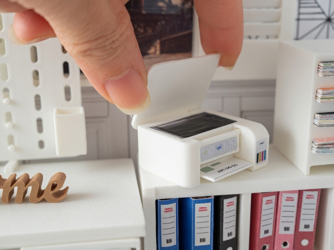 1:12 Scale Miniature Desktop Printer and Scanner with Openable Lid, Tiny Interactive All-in-One Inkjet Office School Paper Feed
