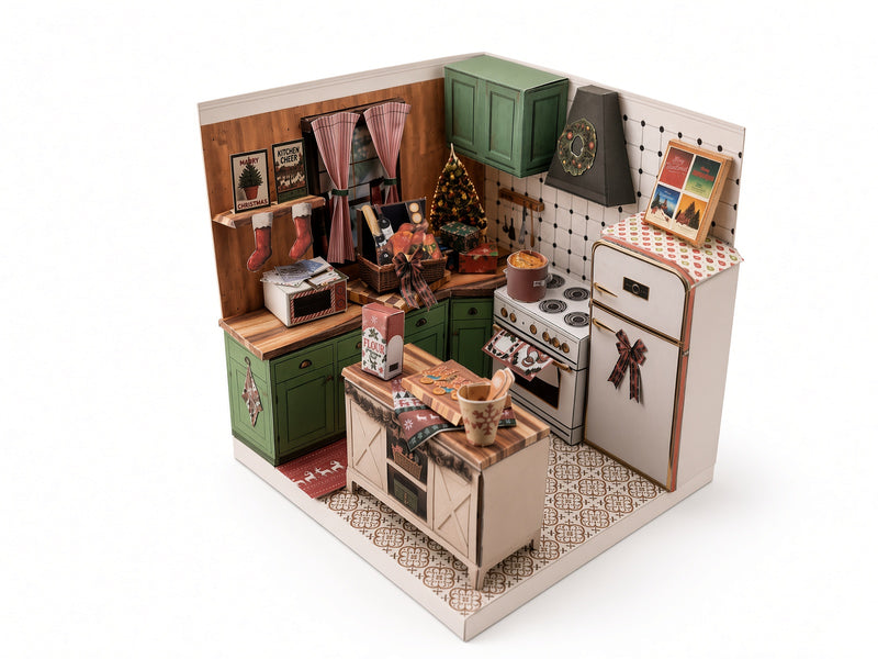 Printable Christmas Kitchen Diorama Kit, DIY 3D Miniature Holiday Room Box, Vintage Festive Papercraft Template, ( Digital Download)