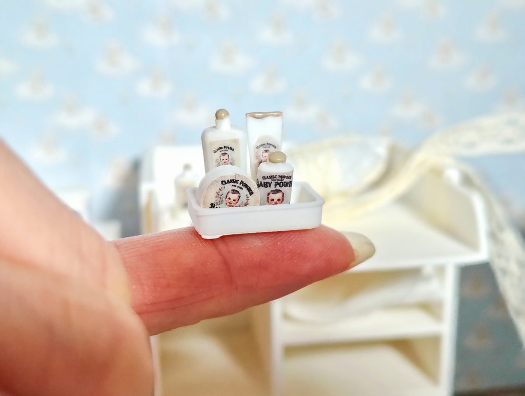 1:12 Scale Miniature Baby Care Set, Handmade Tiny Powder Bottles and Lotion with Tray, Dollhouse Nursery Accessories