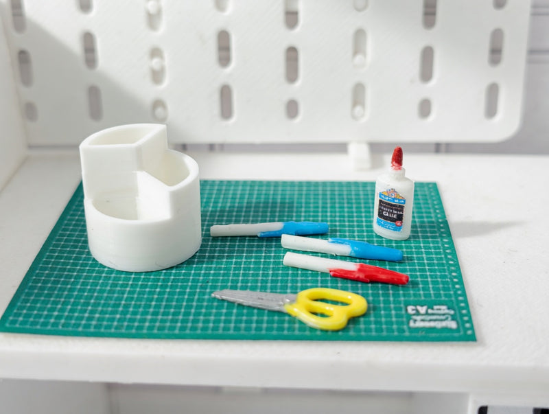 1:12 Scale Craft Desk Set – Miniature Organizer, Glue, Scissors, Pens (Physical Product)