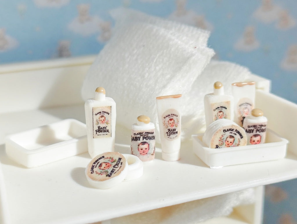 1:12 Scale Miniature Baby Care Set, Handmade Tiny Powder Bottles and Lotion with Tray, Dollhouse Nursery Accessories
