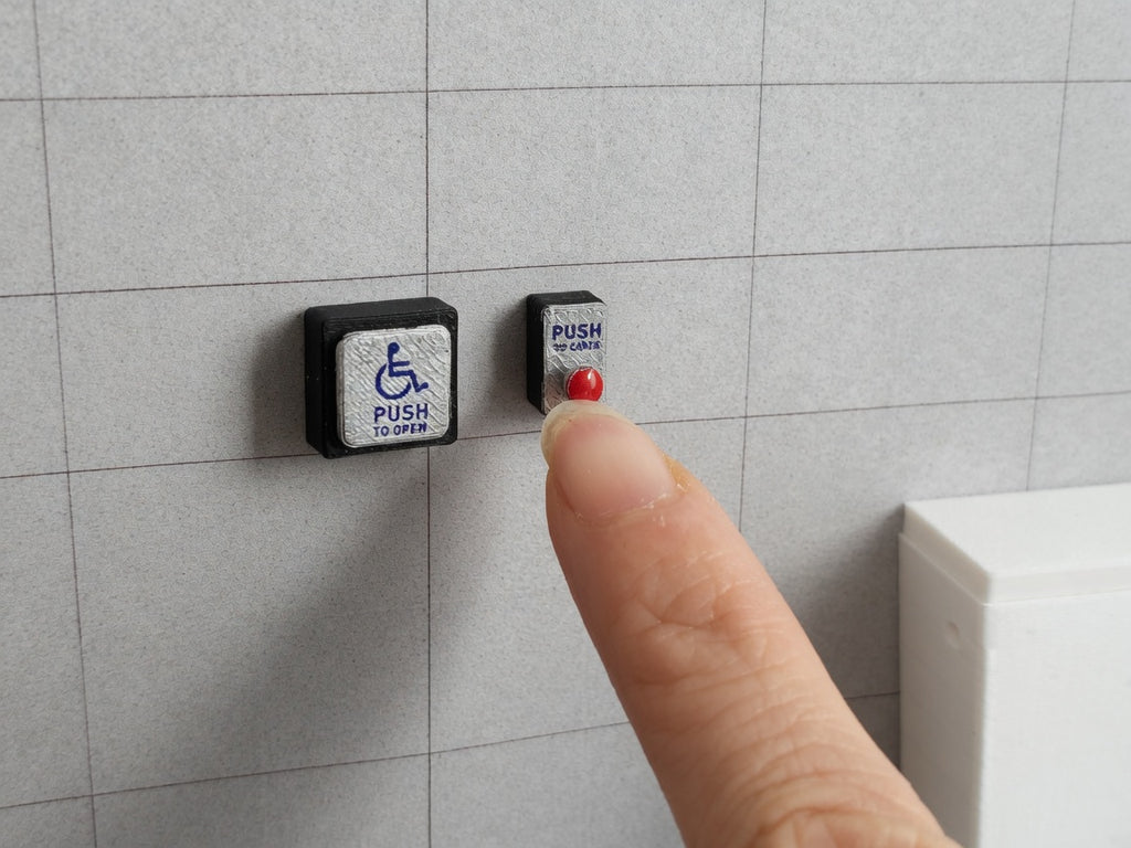 1:12 Scale Public Restroom Automatic Door Opener and Push to Lock Buttons, Tiny Accessible Washroom Commercial Bathroom