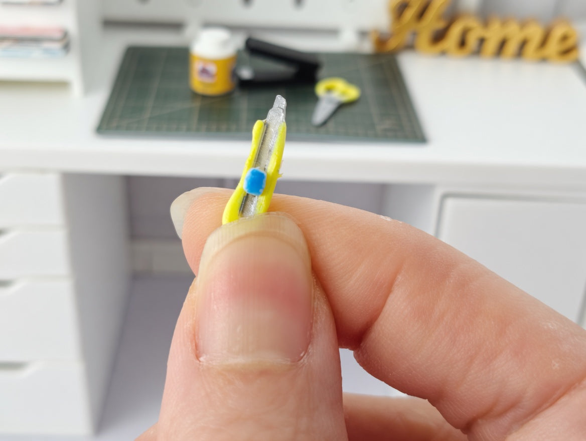 1:12 Scale Miniature Crafting Tool Set, Handmade Tiny Stapler, Scissors, Glue, Snap Knife, and Cutting Mat for Dollhouse Studio