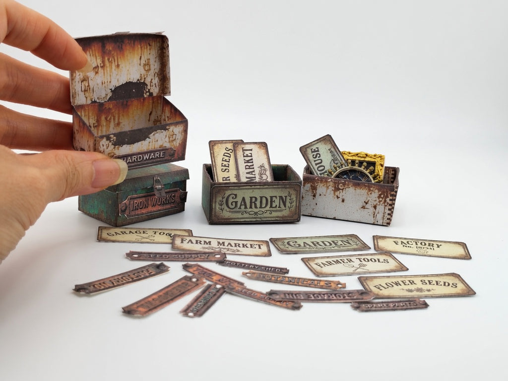 Printable Miniature Rusty Hardware Boxes, DIY 1:12 Scale Industrial Workshop Labels (Digital Download)