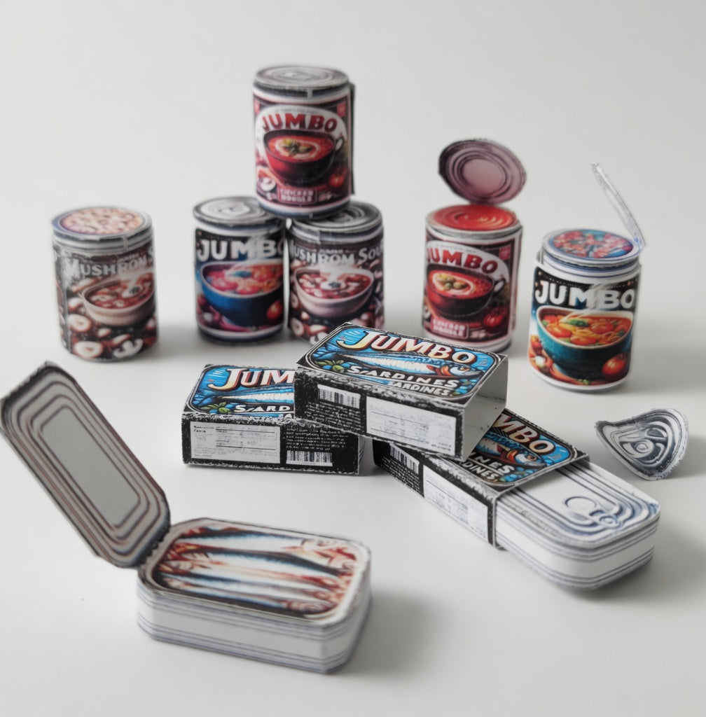 Printable Miniature Soup & Sardine Cans — 1:6 Scale DIY Dollhouse Food Template (7 Openable Designs)