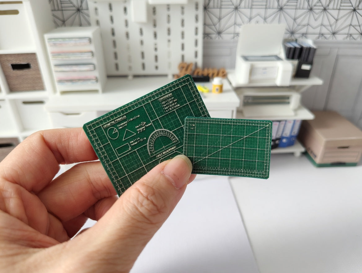 1:12 Scale Miniature Crafting Tool Set, Handmade Tiny Stapler, Scissors, Glue, Snap Knife, and Cutting Mat for Dollhouse Studio