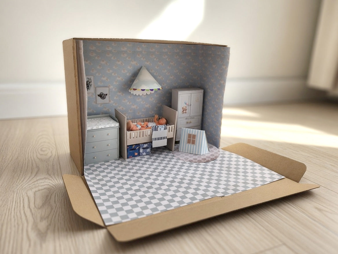 BMM Shoe Box , 1:12 , 4-5inch doll Living Room 10 in 1, Baby bed, diaper changing area, play tent, rub and closet, Dollhouse furniture, DIY, diorama