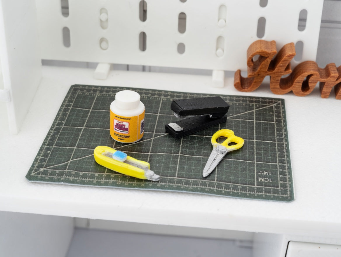 1:12 Scale Miniature Crafting Tool Set, Handmade Tiny Stapler, Scissors, Glue, Snap Knife, and Cutting Mat for Dollhouse Studio