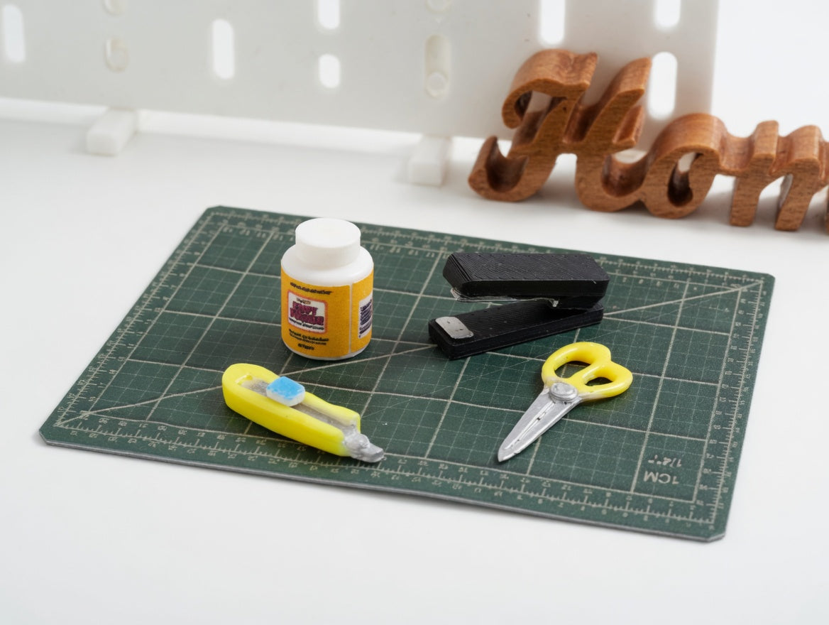 1:12 Scale Miniature Crafting Tool Set, Handmade Tiny Stapler, Scissors, Glue, Snap Knife, and Cutting Mat for Dollhouse Studio