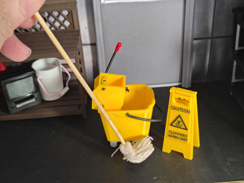 1:12 Commercial Mop Bucket Set, Handmade Tiny Cleaning Wringer Bucket Mop, Dollhouse Janitorial Diorama Prop Miniature  (Physical Product)