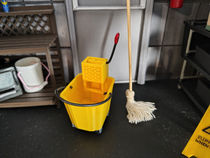 1:12 Commercial Mop Bucket Set, Handmade Tiny Cleaning Wringer Bucket Mop, Dollhouse Janitorial Diorama Prop Miniature  (Physical Product)