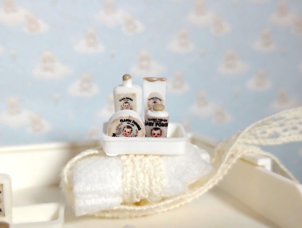 1:12 Scale Miniature Baby Care Set, Handmade Tiny Powder Bottles and Lotion with Tray, Dollhouse Nursery Accessories