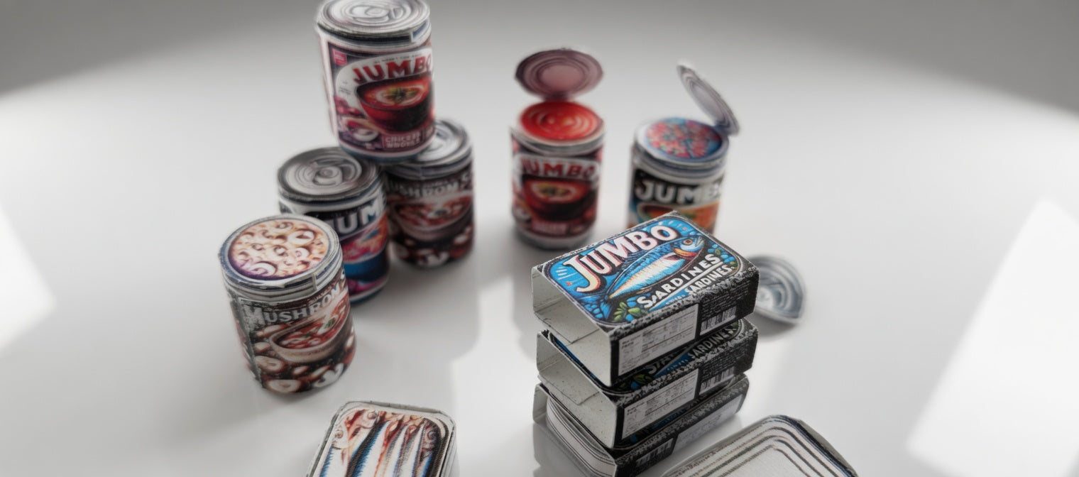 Printable Miniature Soup & Sardine Cans — 1:6 Scale DIY Dollhouse Food Template (7 Openable Designs)