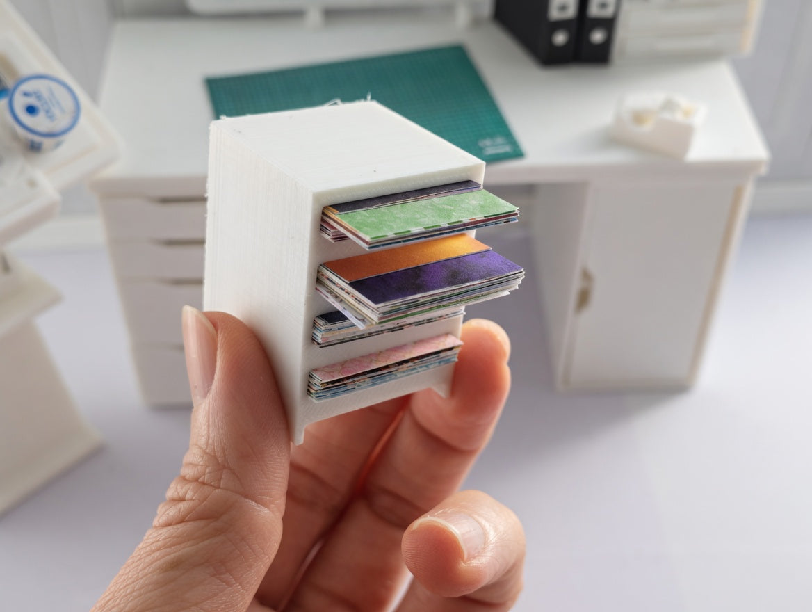 1:12 Scale Miniature White Paper Organizer with 77 pieces colorful card stock paper (Physical Product)
