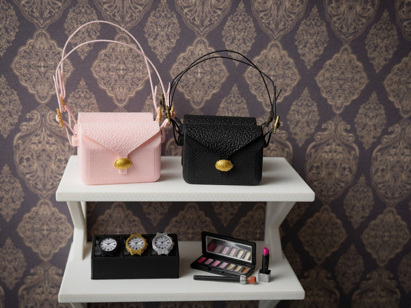 1:12 Scale Designer Handbag, Pink or Black FDM Purse, Gold Clasp, Dollhouse Prop (Physical Product)