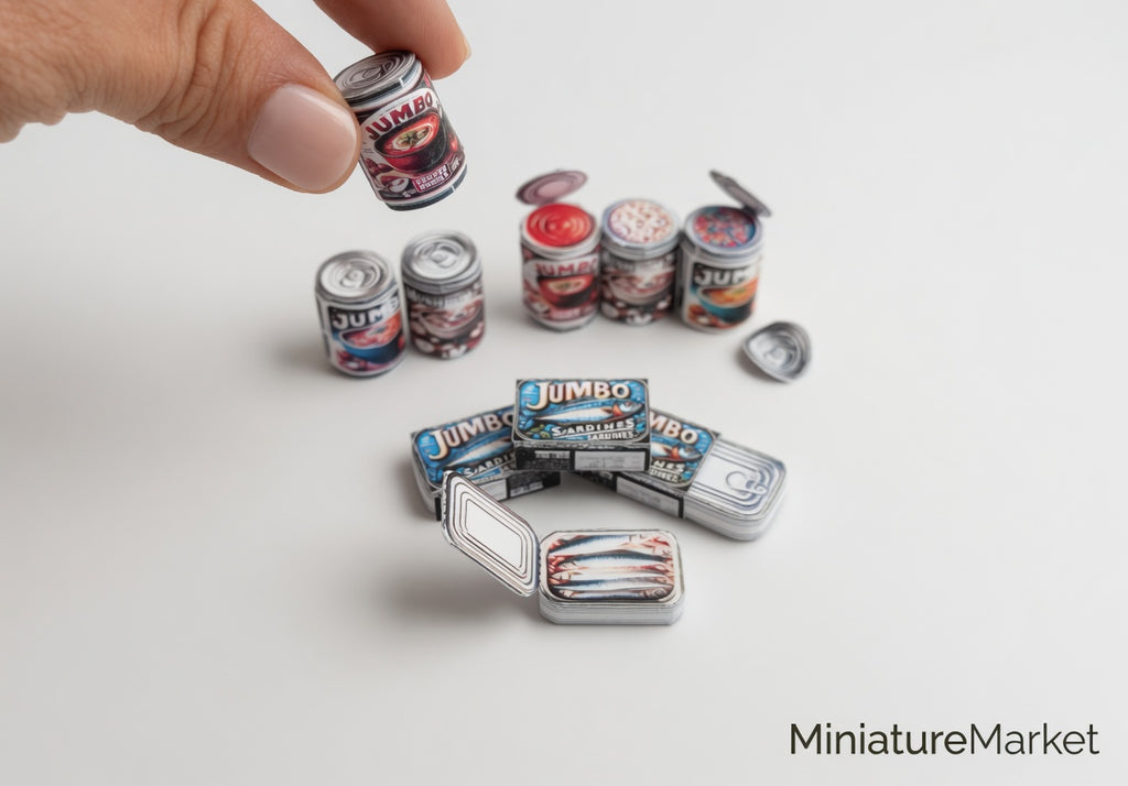 Printable Miniature Soup & Sardine Cans — 1:6 Scale DIY Dollhouse Food Template (7 Openable Designs)