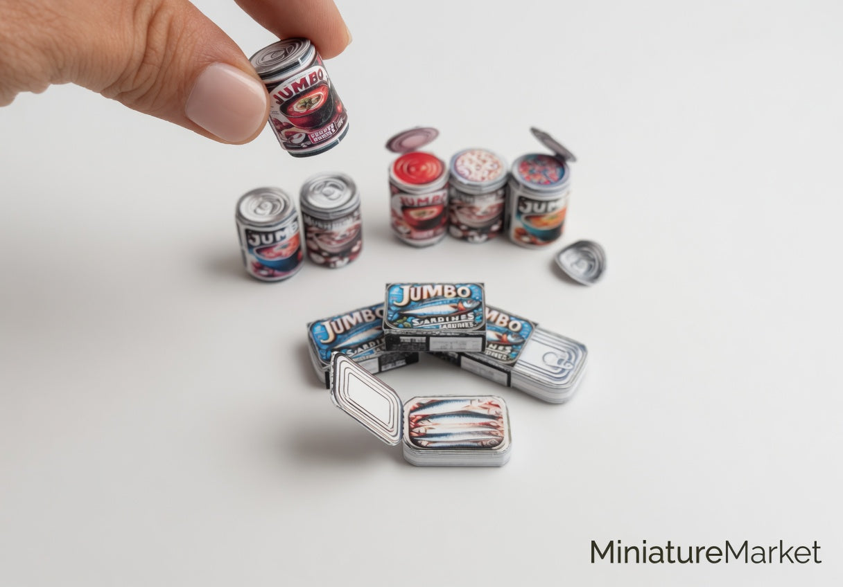 Printable Miniature Soup & Sardine Cans — 1:6 Scale DIY Dollhouse Food Template (7 Openable Designs)