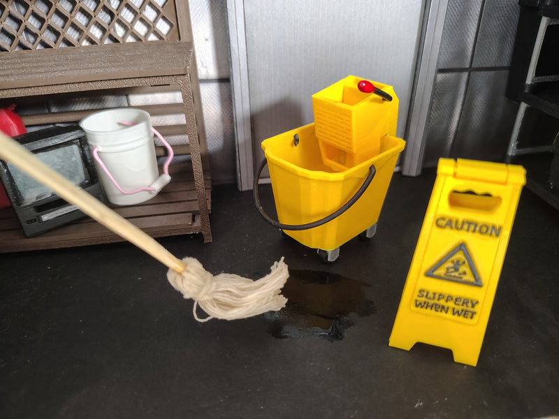 1:12 Commercial Mop Bucket Set, Handmade Tiny Cleaning Wringer Bucket Mop, Dollhouse Janitorial Diorama Prop Miniature  (Physical Product)