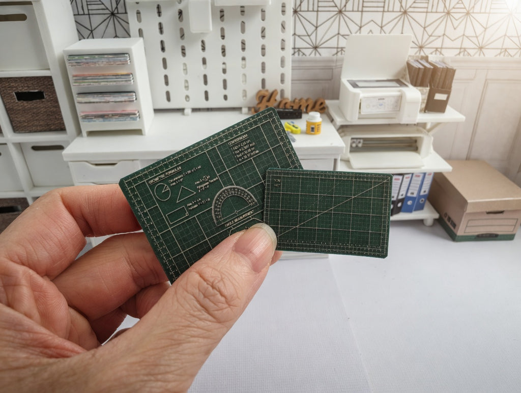 1:12 Scale Miniature Crafting Tool Set, Handmade Tiny Stapler, Scissors, Glue, Snap Knife, and Cutting Mat for Dollhouse Studio