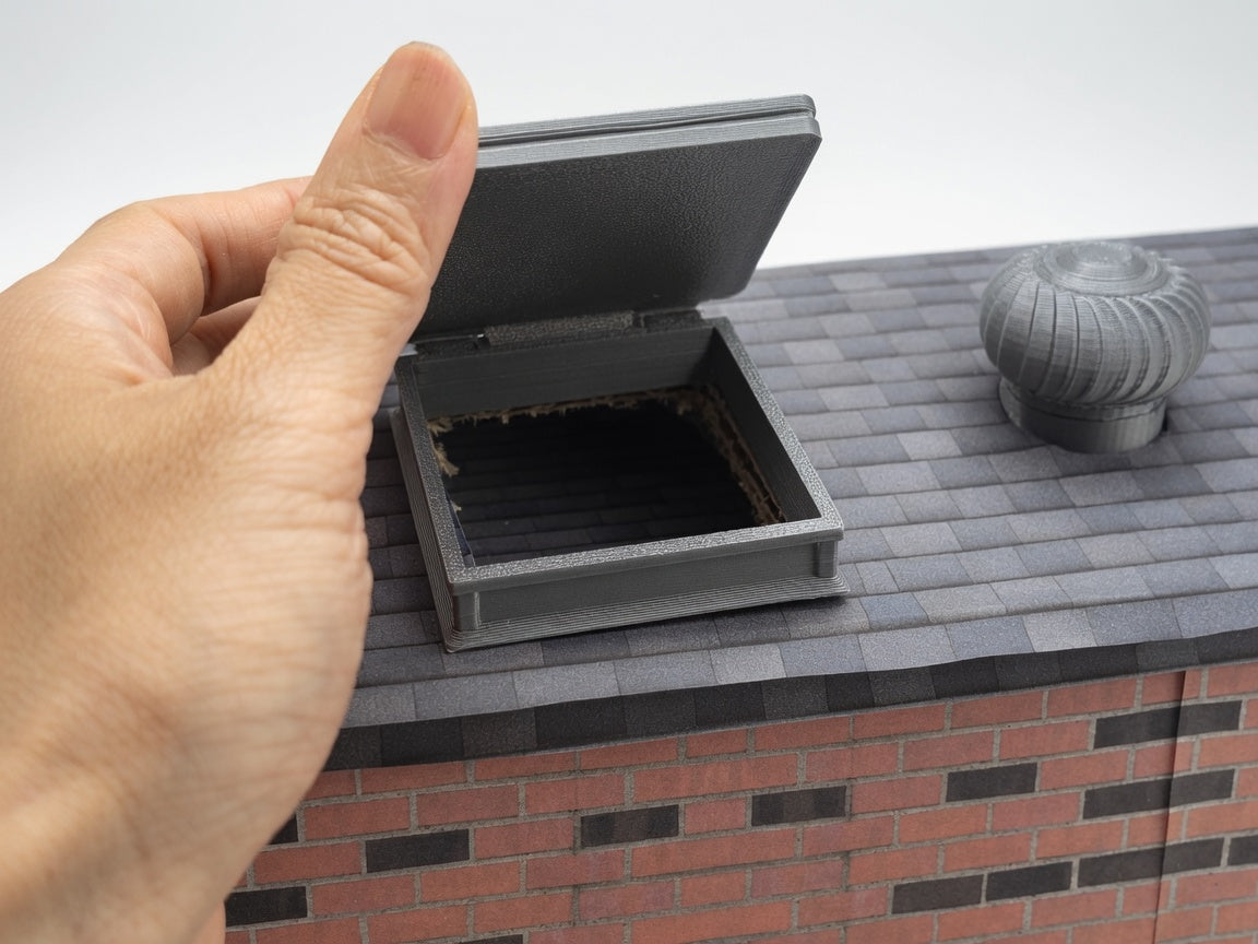 The most compelling miniature scenes rely on interactive, functional details that mirror the real world. This artist-crafted roof hatch features a fully working hinge design, allowing the textured protective lid to swing open or closed.