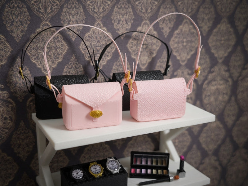 1:12 Scale Designer Handbag, Pink or Black FDM Purse, Gold Clasp, Dollhouse Prop (Physical Product)