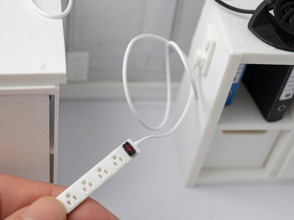 1:12 Scale Miniature Power Strip, Realistic White FDM Dollhouse Accessory- Banana Six Snap-Plug System (Physical Product)