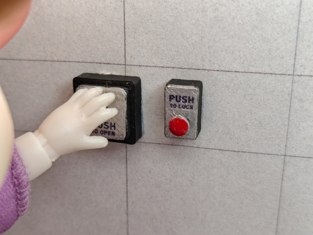 1:12 Scale Public Restroom Automatic Door Opener and Push to Lock Buttons, Tiny Accessible Washroom Commercial Bathroom