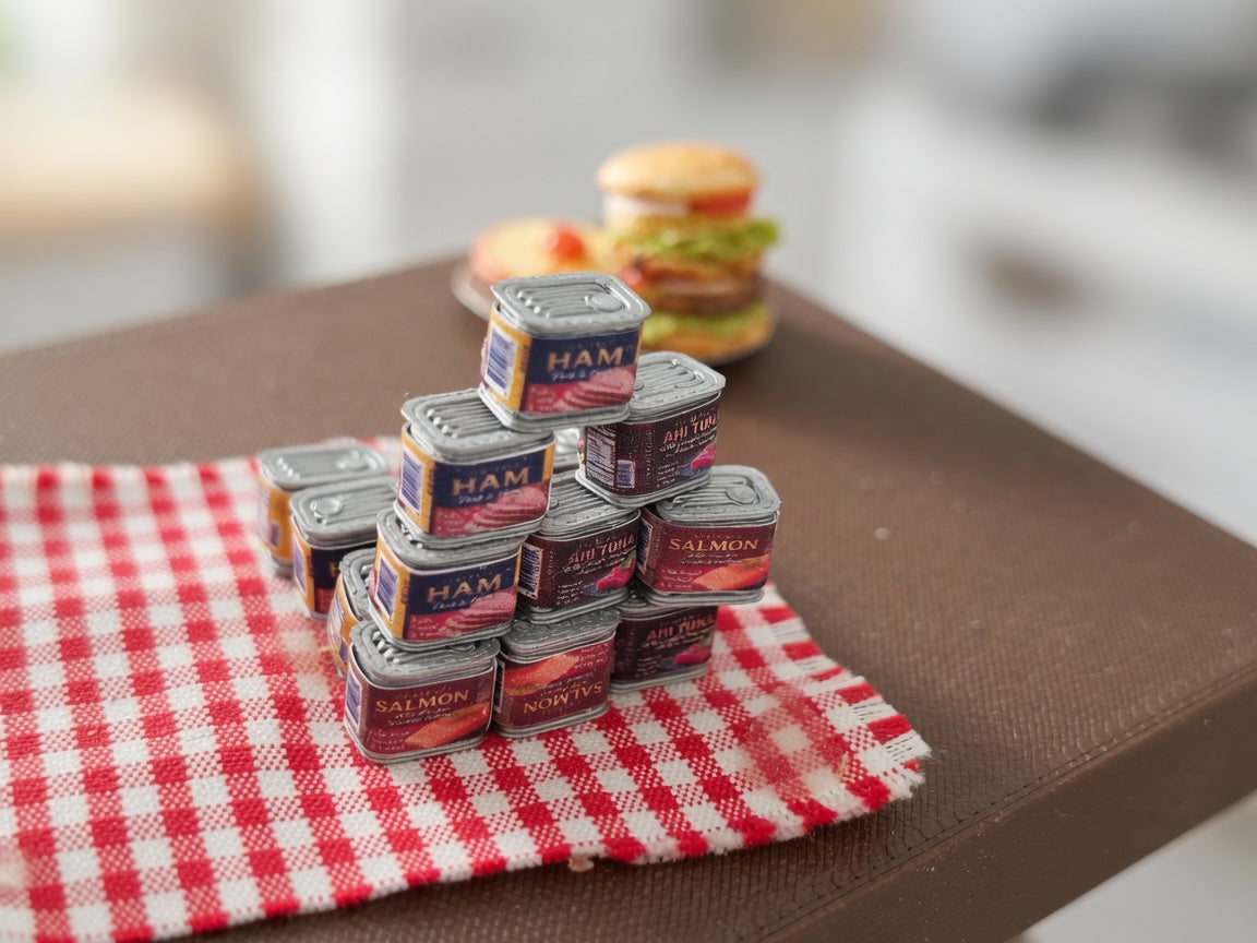 1:12 Dollhouse Miniature Can of Ham, Salmon and Tuna Tiny Can Food with Openable Lid – Physical Product | Banana Six