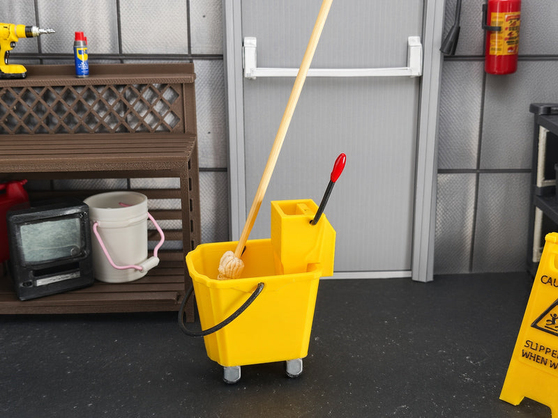 1:12 Commercial Mop Bucket Set, Handmade Tiny Cleaning Wringer Bucket Mop, Dollhouse Janitorial Diorama Prop Miniature  (Physical Product)