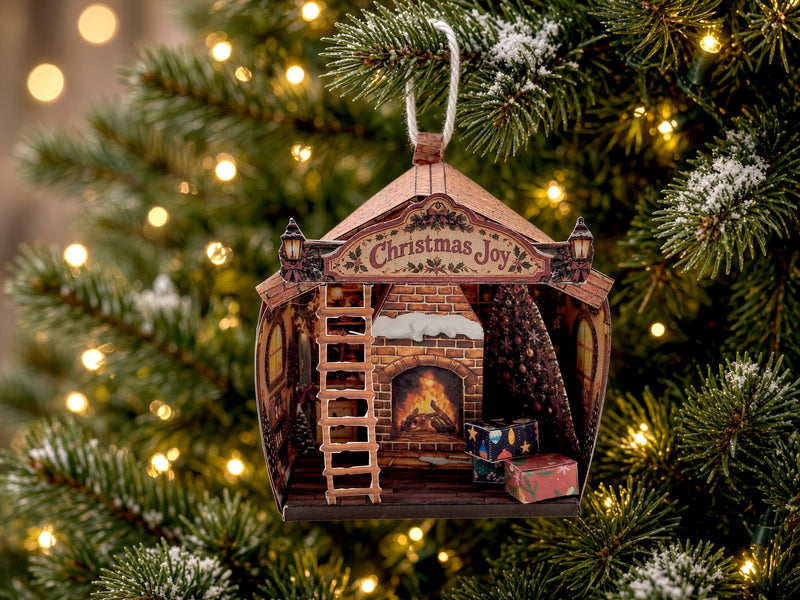 Printable Christmas Cottage Lantern Kit, Elf House, Paper House, DIY 3D Fireplace Ornament PDF