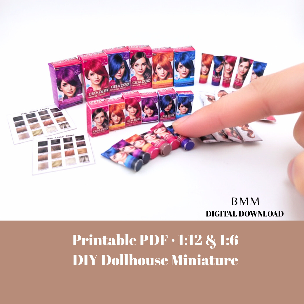 1:6 & 1:12 Hair Dye Set — Miniature Hair Color & Conditioner Bottles for Dollhouse Salon Scenes (Printable Digital Download)