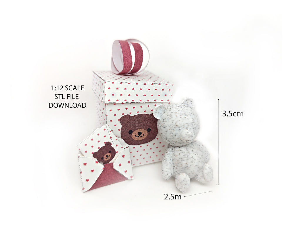 A 3D-printable STL file of a 1:12 scale little bear toy, designed with cute details for a dollhouse Valentine’s Day scene.
