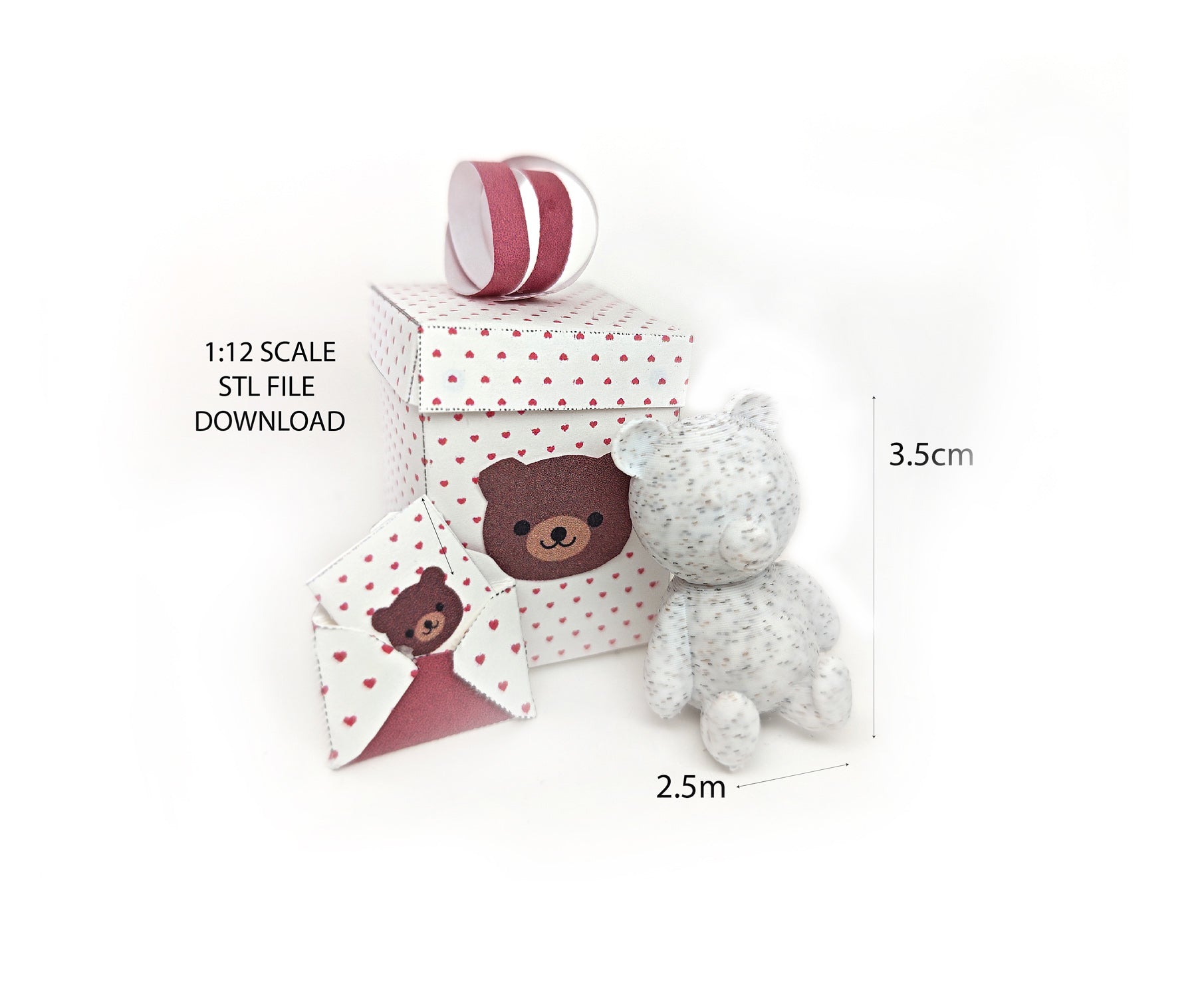 A 3D-printable STL file of a 1:12 scale little bear toy, designed with cute details for a dollhouse Valentine’s Day scene.
