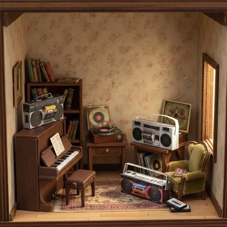 1:12 Boombox 80s related miniature, music sounds, speaker, boombox tape, tape player, DIY