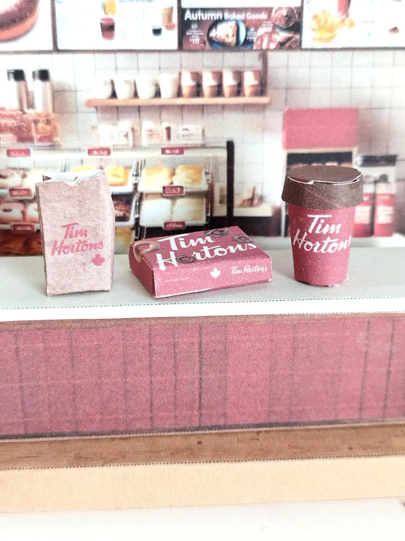 Tim Hortons coffee shop-  DIY scenery miniature craft kit,,coffee cup, donut box, bag