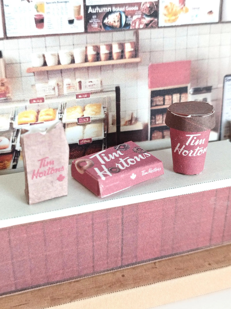 Tim Hortons coffee shop-  DIY scenery miniature craft kit,,coffee cup, donut box, bag