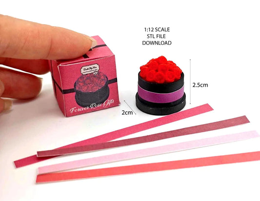 A digital rendering of a 3D printable miniature dollhouse flower box, featuring a rectangular wooden box with a grid pattern on the front. The box is accompanied by colorful strips in red, pink, and white, designed to slide into the grid for a customizable look, ideal for Mother's Day and Valentine's Day decor.