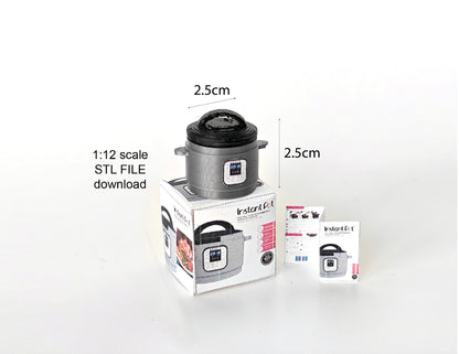 A 1:12 scale 3D-printed dollhouse kitchen setup featuring an Instant Pot, mini cookware, and a pot, with a printable box and manual, arranged to create a detailed miniature cooking scene for diorama or dollhouse enthusiasts.
