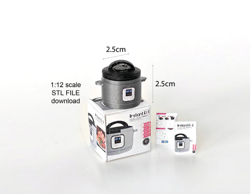 A 1:12 scale 3D-printed dollhouse kitchen setup featuring an Instant Pot, mini cookware, and a pot, with a printable box and manual, arranged to create a detailed miniature cooking scene for diorama or dollhouse enthusiasts.