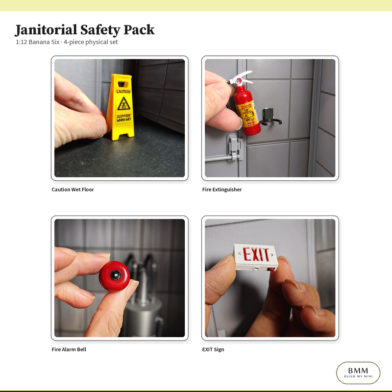 1:12 Janitorial Safety Pack what’s in the box — wet floor sign, extinguisher, alarm and EXIT