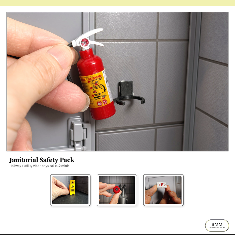 1:12 Janitorial Safety Pack lifestyle — commercial hallway safety props