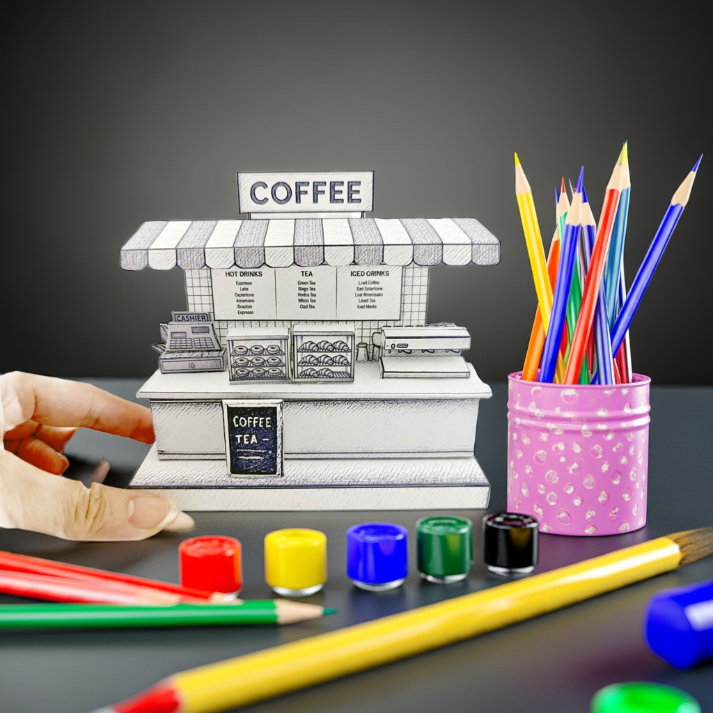 Sketch Coffee Shop miniature stand: 3D model coloring project