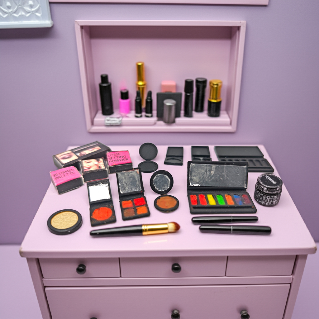 1:12 Make up cosmetic set, cosmetic, doll bed room, doll fashion , decoration, clay make up, foundation, eye shadow,  blusher, 3d print, stl