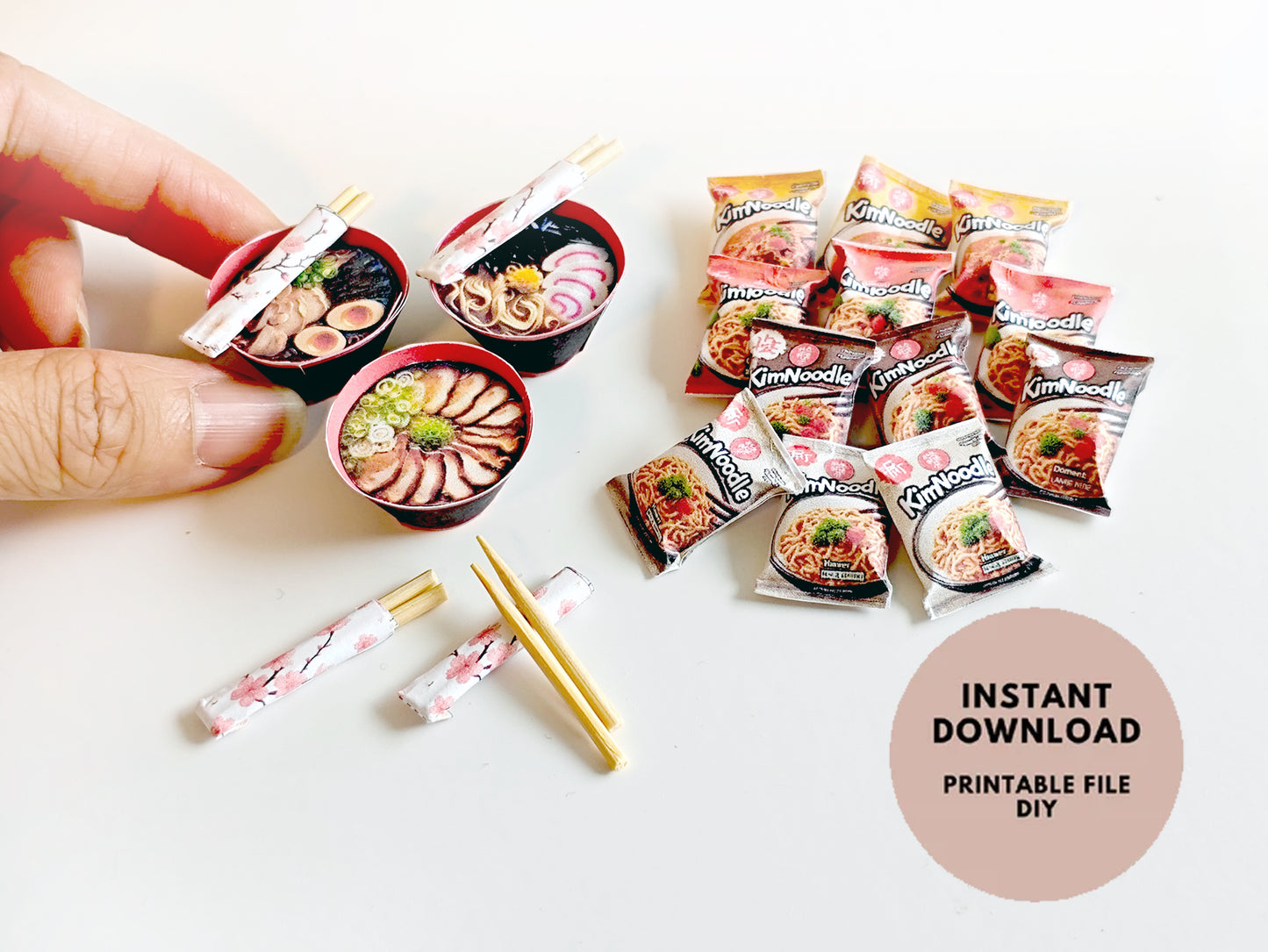 4 styles Instant Kim Noodle and 3 bowls of ramen noodle with chopsticks, 1:6 scale, Printable Dollhouse miniature template, diorama