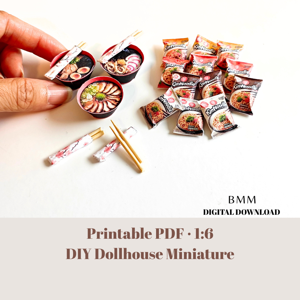 4 styles Instant Kim Noodle and 3 bowls of ramen noodle with chopsticks, 1:6 scale, Printable Dollhouse miniature template, diorama
