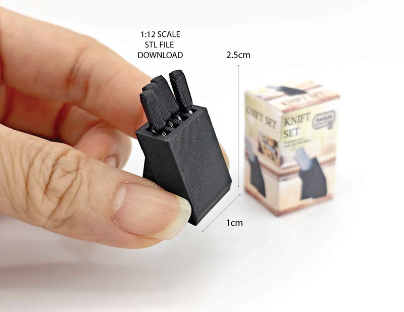 1:12 scale dollhouse knife set with four miniature knives arranged in a compact bamboo knife block, designed for a mini kitchen. The set is a cute, detailed cooking tool, ideal for dollhouse enthusiasts, with a tested STL file for Bamboo Lab 3D printing.