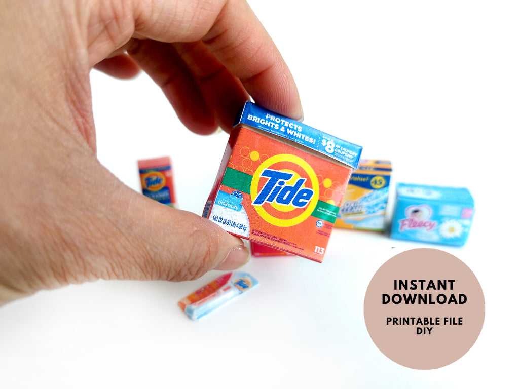 Explore 1:6 and 1:12 scale miniature laundry products for dolls and Barbie dollhouse laundry rooms. Discover 7 unique styles of detergents and accessories, perfect for creating a detailed, realistic miniature project.